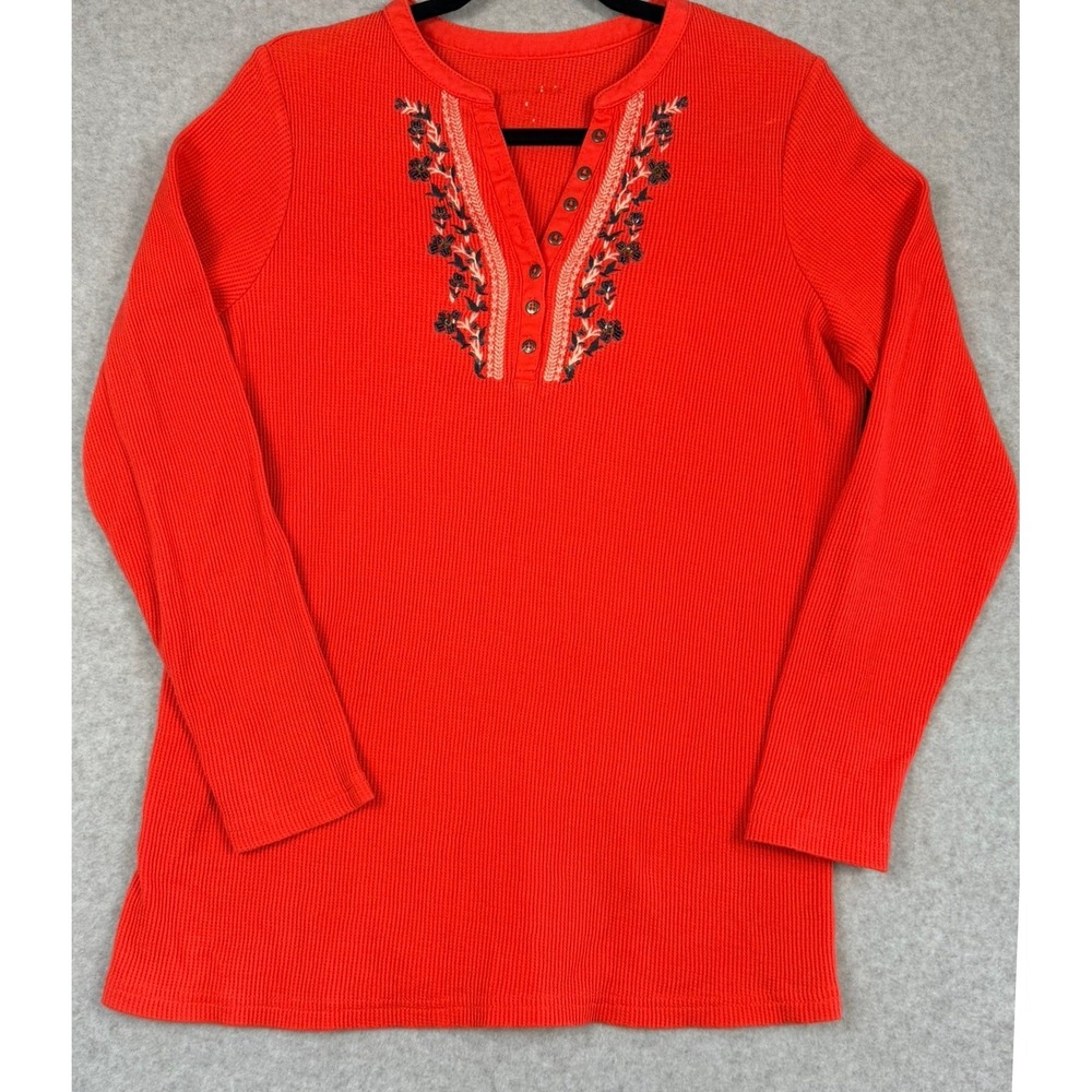 Red Waffle Knit Henley Top Long Sleeve Embroidered Floral Beaded Thermal